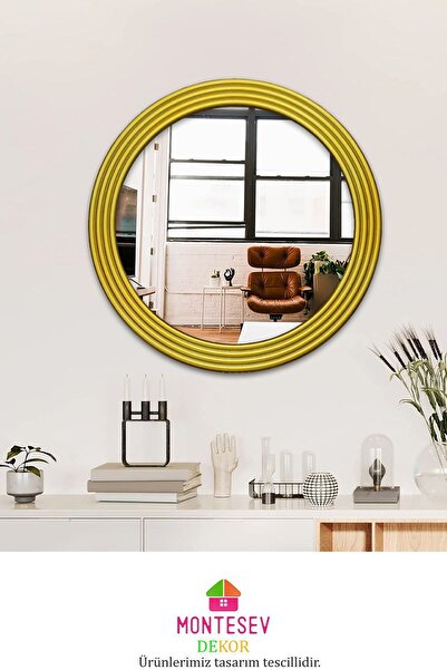 MONTESEV Zümrüt Ahşap Gold Dekoratif Ayna Yuvarlak Ayna Işlemeli Duvar Aynası Tekli - 69 Cm