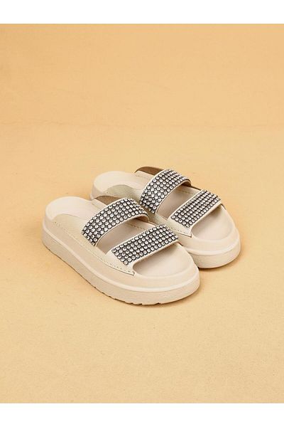 layki Leya Beige Colored Genuine Leather Thick Sole Luxury Slippers
