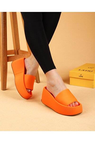 layki Maria Turuncu Renkli Yüksek Taban Lüx Terlik 8 CM