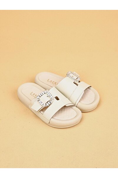 layki Vera Beige Colored Genuine Leather Buckle Thick Sole Luxury Slippers