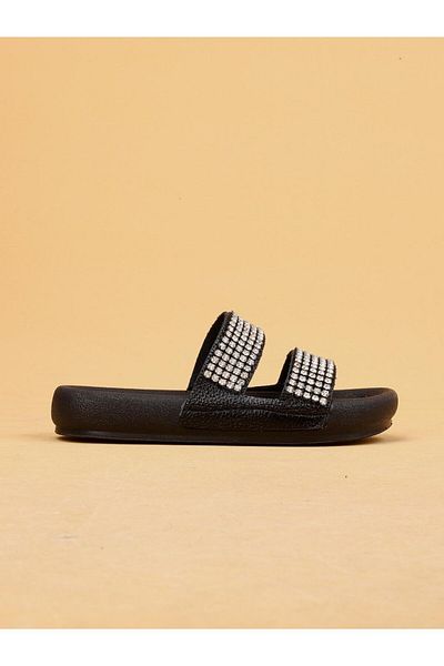 layki Arya Black Colored Genuine Leather Thick Sole Luxury Slippers