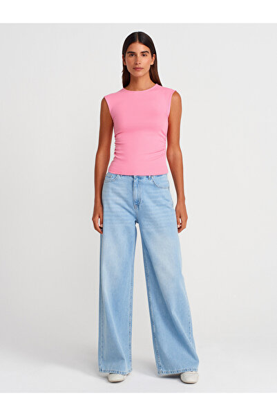 Dilvin 21054 Shirred Basic T-Shirt-Pink