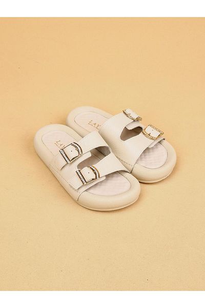 layki Lera Beige Colored Genuine Leather Buckle Thick Sole Luxury Slippers