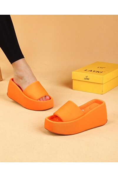 layki Maria Turuncu Renkli Yüksek Taban Lüx Terlik 8 CM