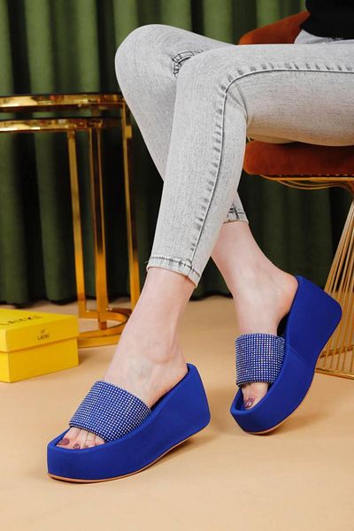 layki Solina High Heeled Blue Colored Stone Slippers