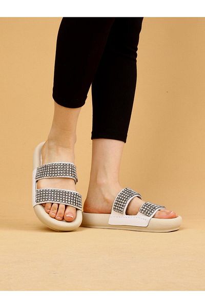 layki Arya White Colored Genuine Leather Thick Sole Luxury Slippers