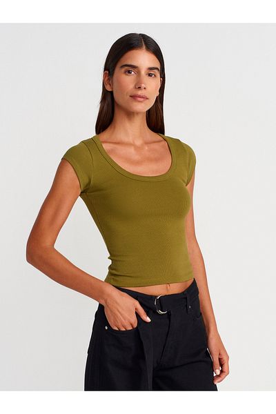 Dilvin 31808 Round Neck Ribbed T-Shirt-Oil Green