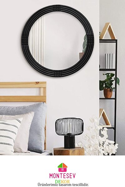 MONTESEV Safir Ahşap Siyah Dekoratif Ayna Yuvarlak Ayna Işlemeli Duvar Aynası Tekli - 43 Cm
