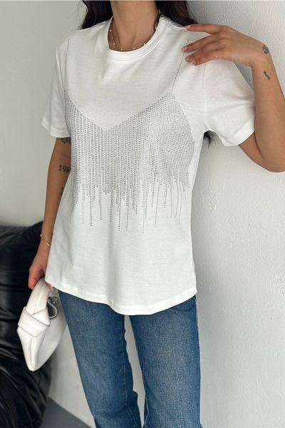 FEMELLE Women's White Stone Pasting Detailed Cotton T-Shirt