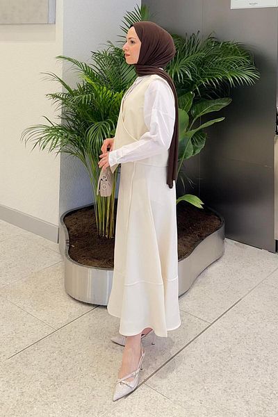 lamelif Λεπτομερές Σετ Hijab - Κρέμα Δεσίματος