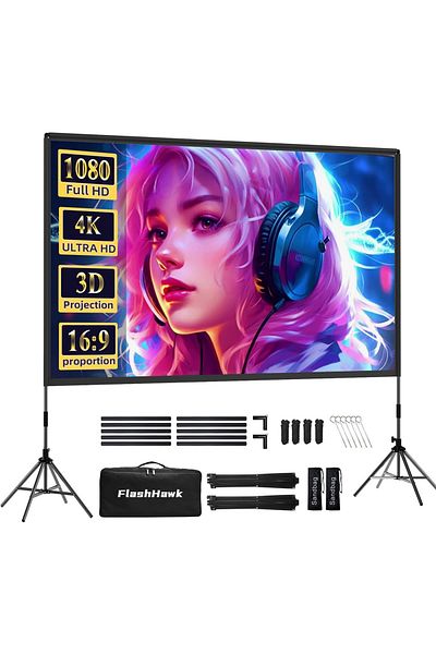 FlashHawk Projector Screen with Stand -120 inch 16:9 4K HD with Four-Legged Frame Carry Bag for Home Theater