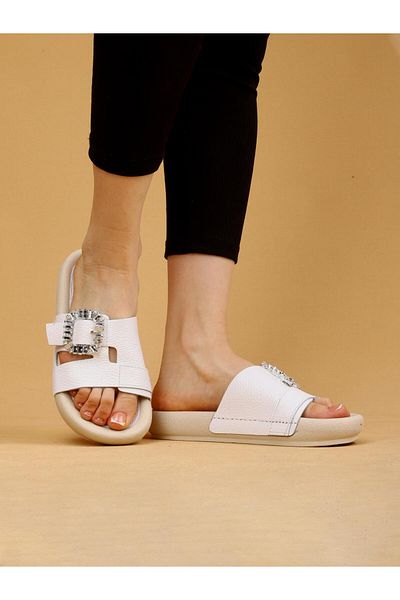 layki Vera White Colored Genuine Leather Buckle Thick Sole Luxury Slippers