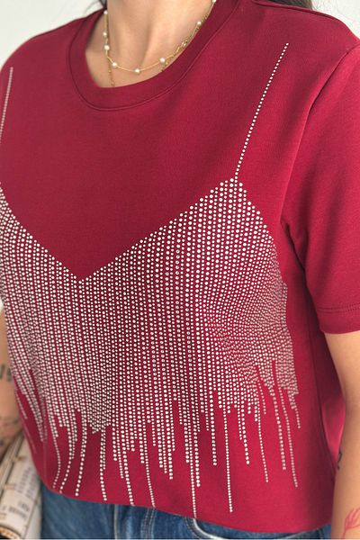 FEMELLE Tricou de damă din bumbac cu detaliu de lipire cu piatră de burgundă