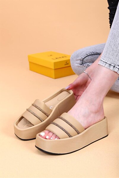 layki Olga Beige Colored High Sole Stone Detailed Luxury Slippers