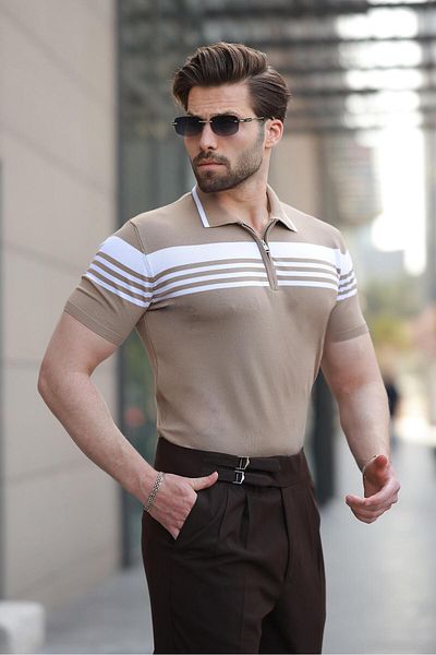 Madmext Ανδρικό πλεκτό μπλουζάκι με φερμουάρ Mink Polo Neck E7407