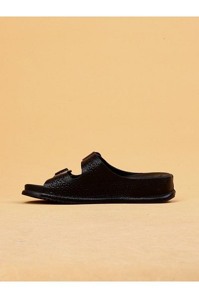 layki Sierra Black Colored Genuine Leather Buckle Thick Sole Luxury Slippers