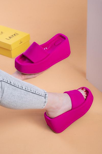 layki Maria Fuchsia Colored High Sole Luxury Slippers 8 CM