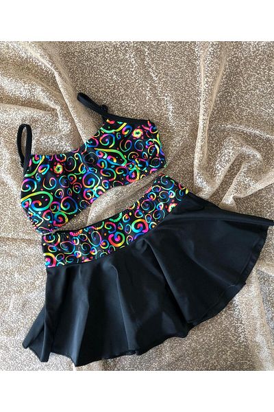 Elit Girl's Waiter Flexible Adjustable Strap Black Colorful Patterned Skirt Bikini Suit