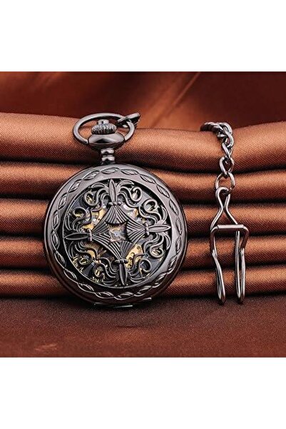 valkyrie Vintage Kutulu Köstekli Kurmalı Mekanik Chrome Iskelet Saat - Hediyelik Cep Saati - Retro