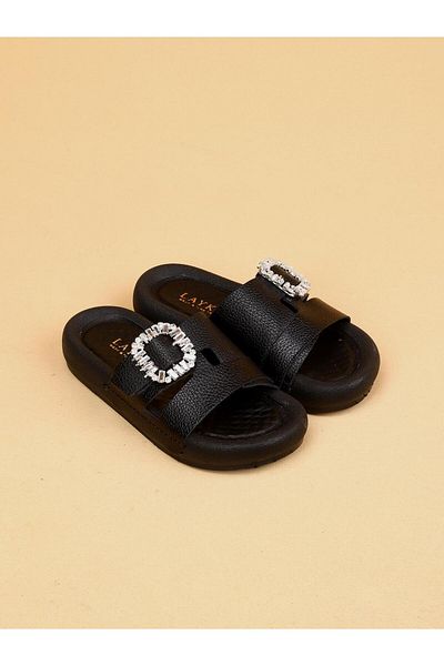 layki Vera Black Colored Genuine Leather Buckle Thick Sole Luxury Slippers
