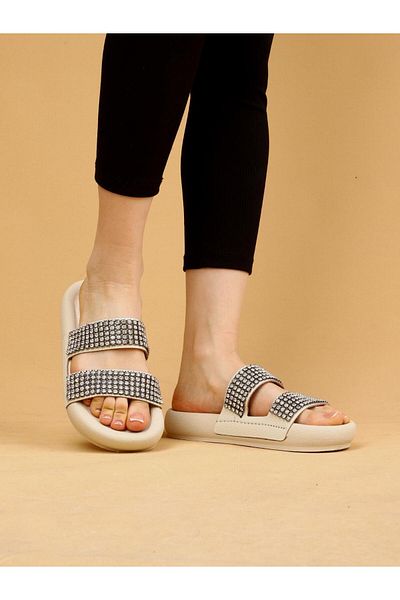 layki Arya Beige Colored Genuine Leather Thick Sole Luxury Slippers