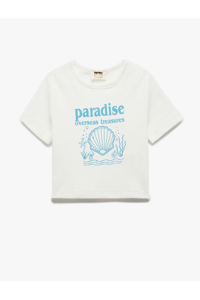Koton Crew Neck Short Sleeve Printed Cotton Crop T-Shirt