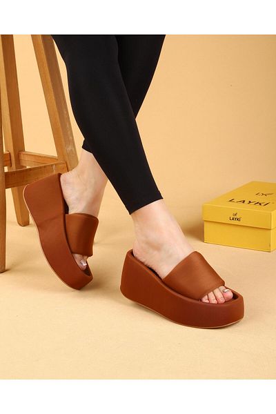 layki Maria Tan Colored High Sole Luxury Slippers 8 CM