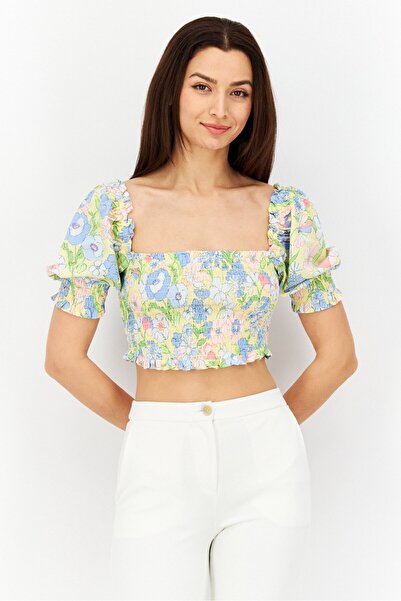 Bar III Women Square Neck Puffed Sleeve Floral Print Crop Top, Yellow Combo