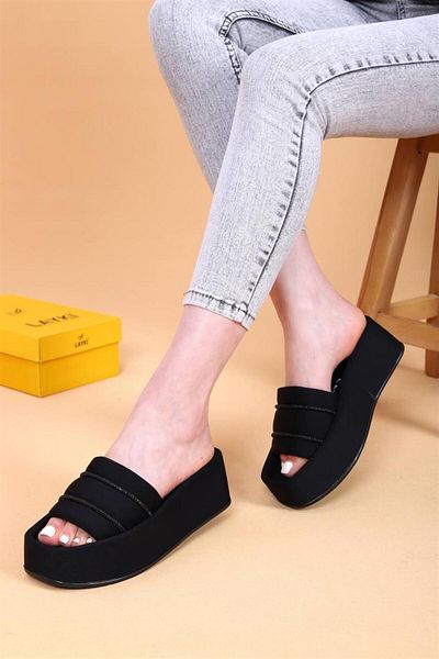 layki Olga Black Colored High Sole Stone Detailed Luxury Slippers