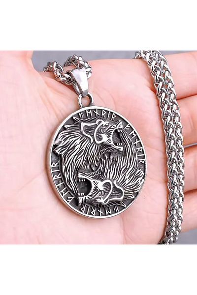 voyageaccessory Stainless Steel Norse Mythology Back- Freki Wolf Pendant -Viking Necklace