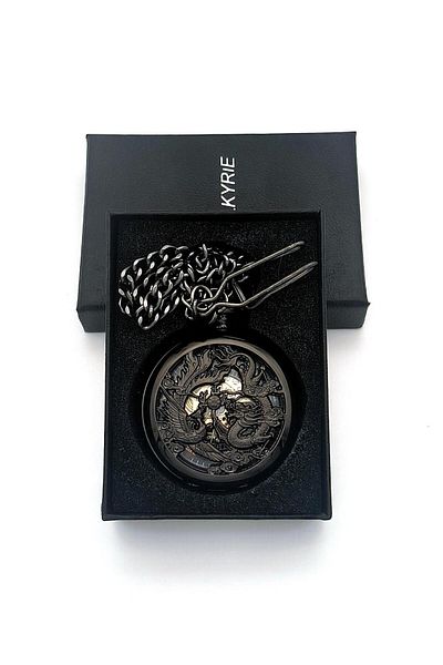 valkyrie Skeleton Pocket Watch with Mechanical Dragon Motif - Chain and No Batteries