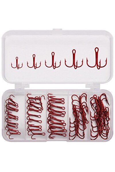 valkyrie 50 Adet Karbon Çelik 3lü Çapa Kanca Olta Iğne Seti - Kutulu - Heavy Duty Kırmızı