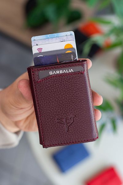 Garbalia Medina Genuine Leather Men's Claret Red Card Holder Wallet with Coin Compartment Mechanism