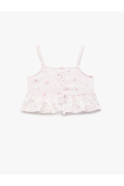 Koton Thin Strap Floral Patterned Viscose Crop Blouse with Ruffle Detail