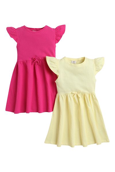 Victor and Jane Girls' Ruffle Cotton Dress, Solid Color- Fuchsia and Yellow- Pack of 2