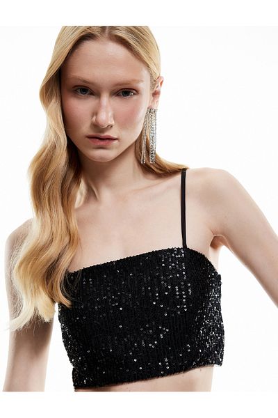 Koton Sequin Sequined Thin Strap Crop Tank Top
