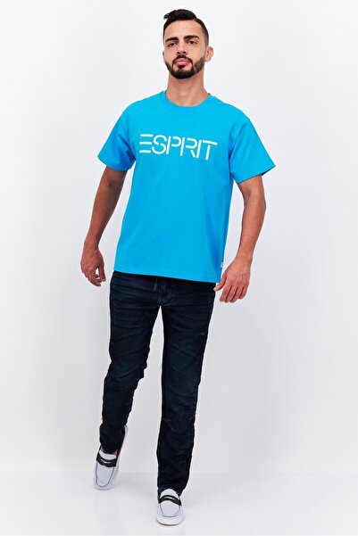 Esprit Men Crew Neck Short Sleeve Brand Logo T-shirts, Cyan Blue