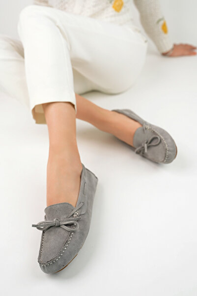 GRADA Gri Süet Hakiki Deri Kadın Loafer Ayakkabı Yazlık Ortopedik Anatomik Yumuşak Kadın Gri Süet Babet