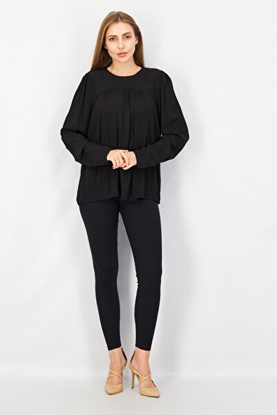 Esprit Women Round Neck Long Sleeve Plain Pleated Top, Black