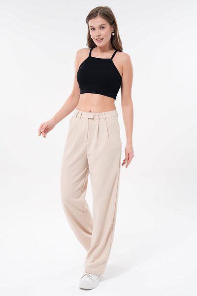 lovebox Women's Modern Palazzo Cut Wide Leg Beige Fabric Trousers 002
