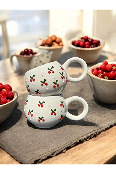 BB TRADE Handmade Cherry Embossed Patterned 2-Piece Ceramic Mug