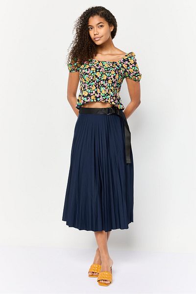 Esprit Women Plated Belted Midi Skirt, Navy