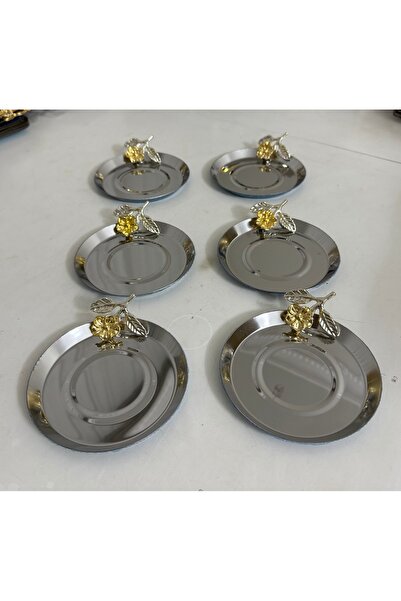 Elzemm store ÇELİK GÜMÜŞ RENK 6 ADET YAPRAKLI GÜL AKSESUARLI ÇAY TABAĞI BARDA...