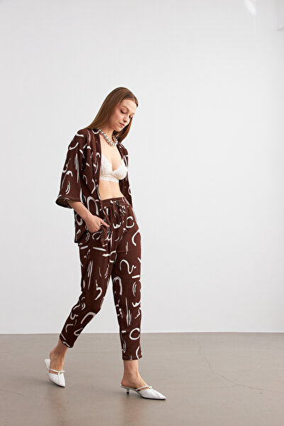 MODAGEN Kadın Kahverengi Desenli Kimono Gömlek Pantolon Takım