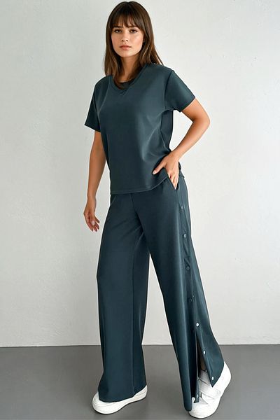 FEMELLE Costum modal premium verde smarald cu talie elastică cu nasturi cu apăsare