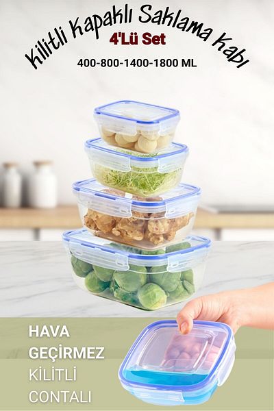 BAGER MARKET 4-Piece Leakproof Storage Container Set, Food Container, Dowry Set, with Seal Cover, 400-800-1400-2300 ml