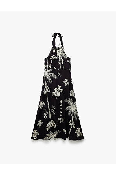 Koton Viskon Kumaş Etnik Desenli Boyundan Bağlamalı Halter Yaka Uzun Elbise