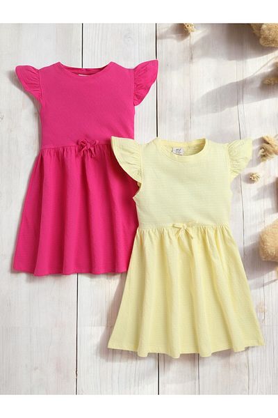 Victor and Jane Girls' Ruffle Cotton Dress, Solid Color- Fuchsia and Yellow- Pack of 2