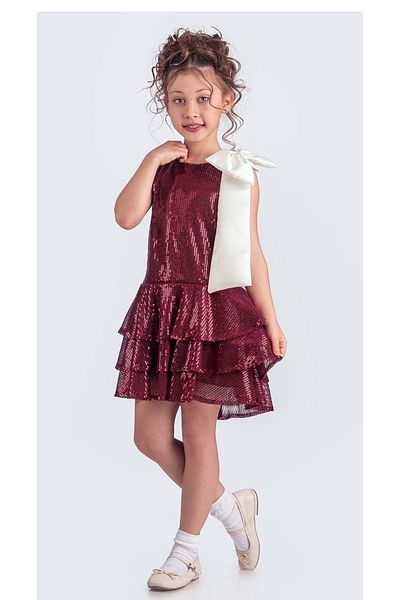 Mnk Baby&Kids Guler Fundita Paiete Sclipitoare Tesatura Paiete Rochie de Seara pentru Fata M00702 Bordeaux