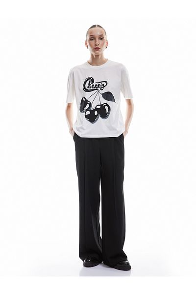 Koton Short Sleeve Crew Neck Cotton Oversize T-Shirt with Cherry Print on the Back